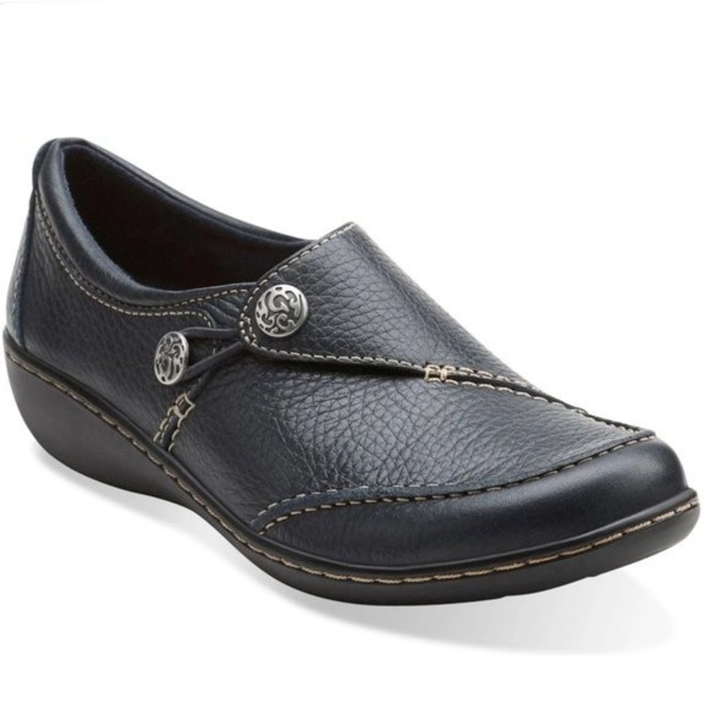 6W 6 WIDE WIDTH Clarks Womens Ashland Lane Q Black Leather Slip On Loafers Shoes
